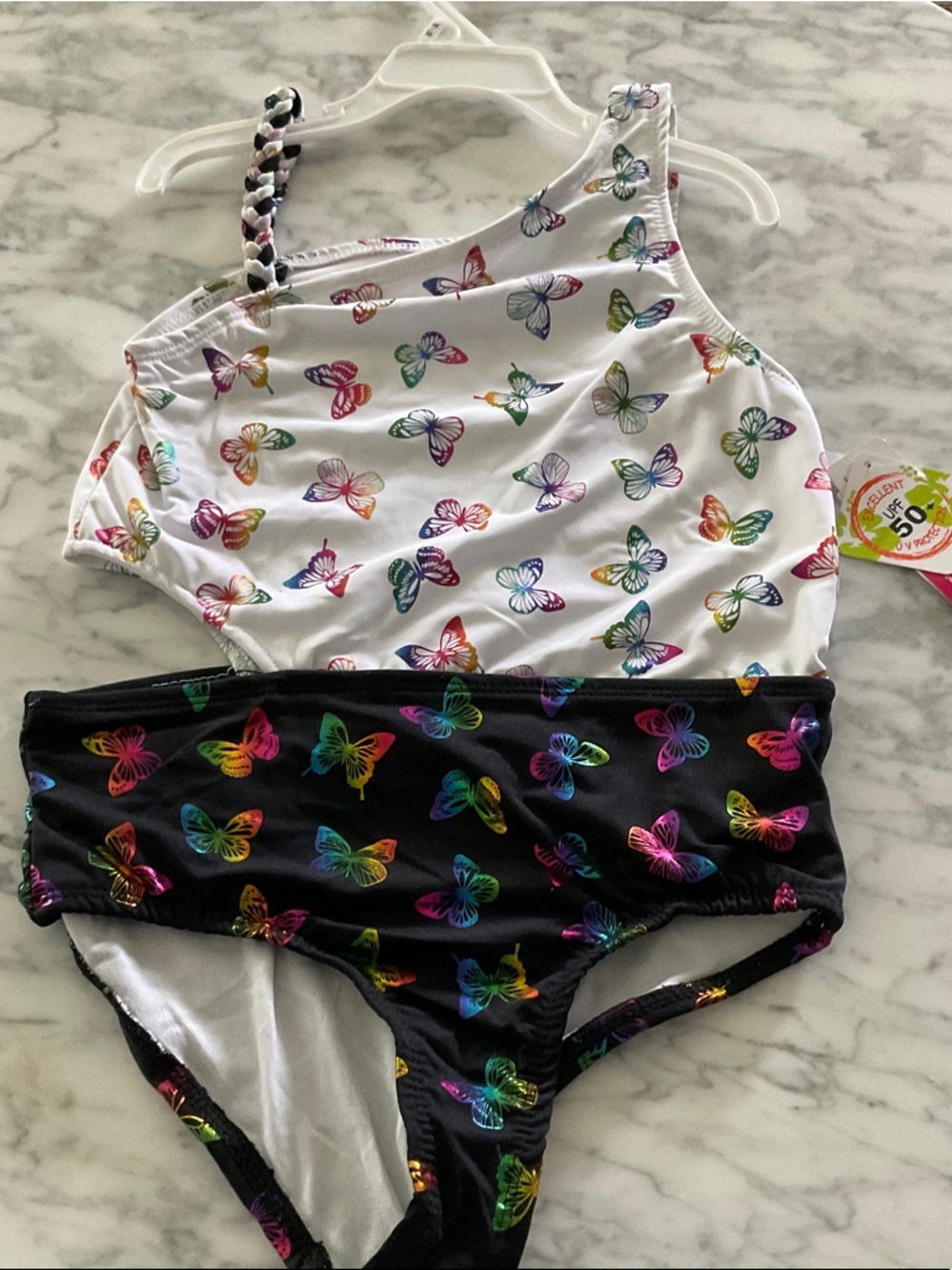 Penelope Mack Girls' Rainbow Butterfly One-Shoulder Bikini - White & Black